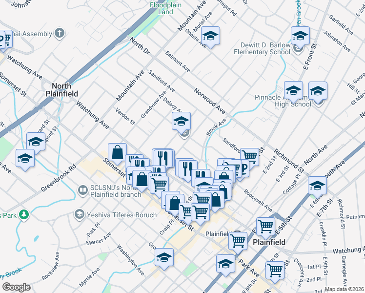 map of restaurants, bars, coffee shops, grocery stores, and more near Manning Ave & Chatham Pl in North Plainfield
