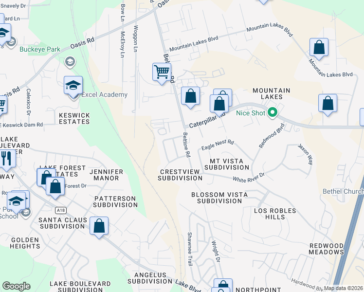 map of restaurants, bars, coffee shops, grocery stores, and more near 1273 Beltline Road in Redding