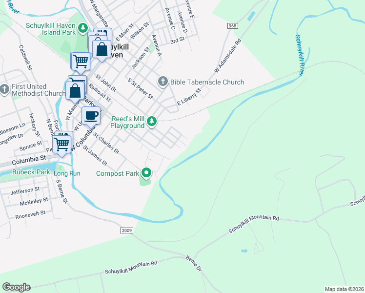 map of restaurants, bars, coffee shops, grocery stores, and more near 24 Arch Street in Schuylkill Haven