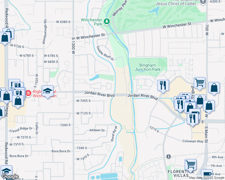 map of restaurants, bars, coffee shops, grocery stores, and more near 6987 Overview Way in West Jordan