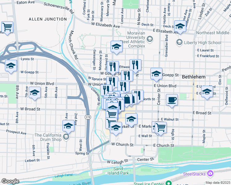 map of restaurants, bars, coffee shops, grocery stores, and more near 79 West Garrison Street in Bethlehem