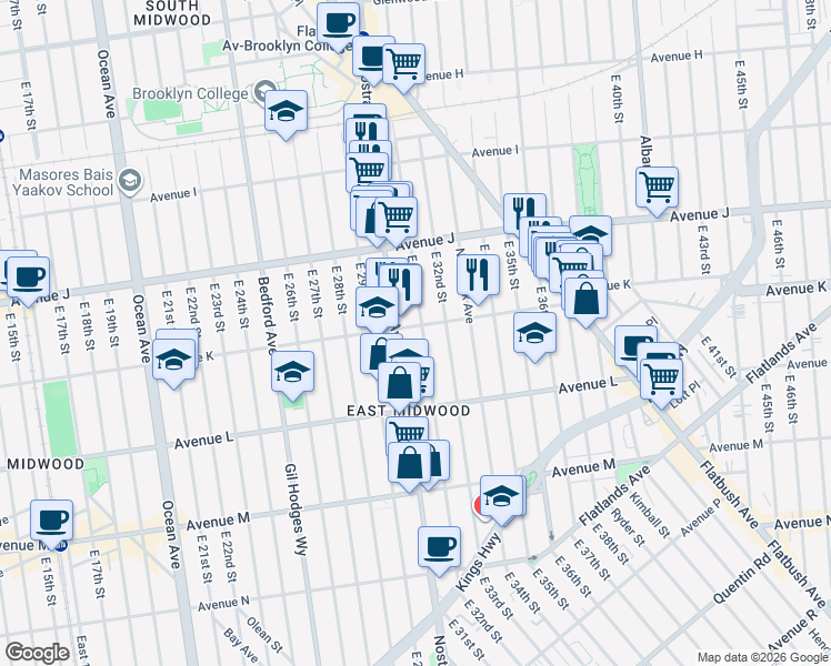 map of restaurants, bars, coffee shops, grocery stores, and more near 1102 East 31st Street in Brooklyn