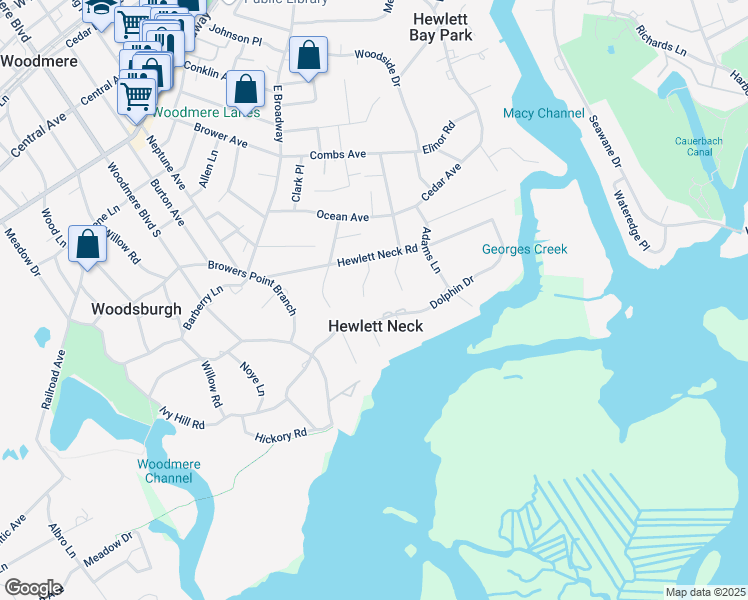 map of restaurants, bars, coffee shops, grocery stores, and more near 925 Monroe Ln in Woodmere