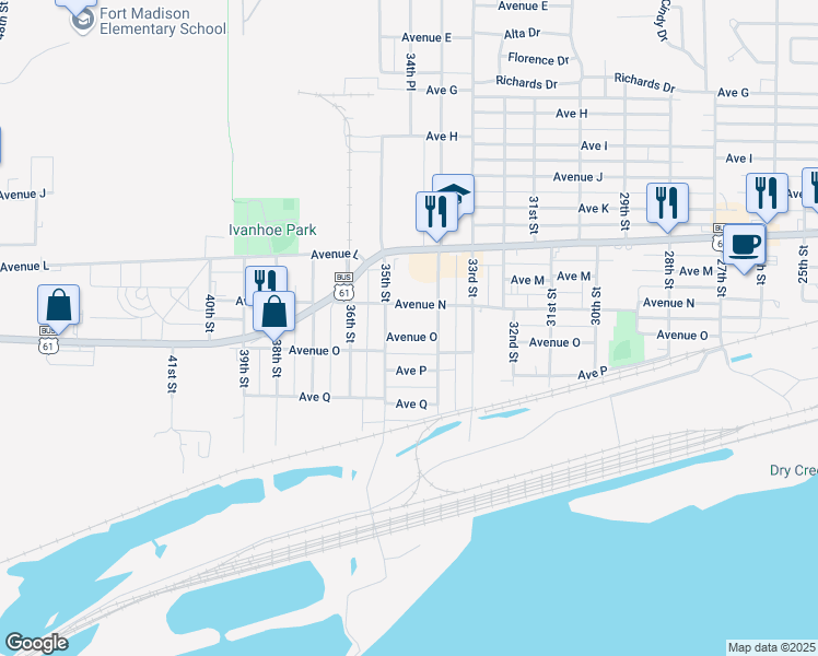 map of restaurants, bars, coffee shops, grocery stores, and more near 1403 34th Street in Fort Madison