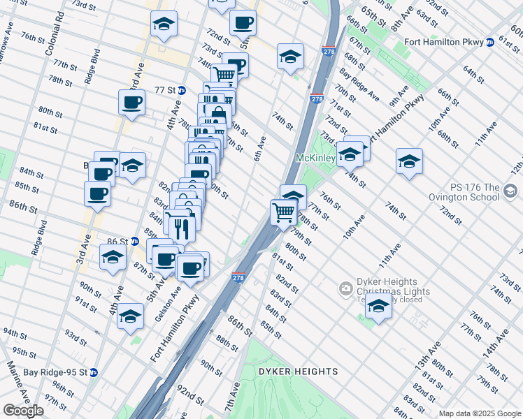 map of restaurants, bars, coffee shops, grocery stores, and more near 640 79th Street in Brooklyn