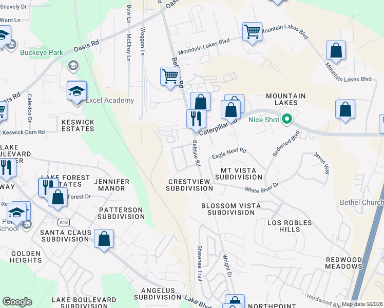 map of restaurants, bars, coffee shops, grocery stores, and more near 1273 Beltline Road in Redding