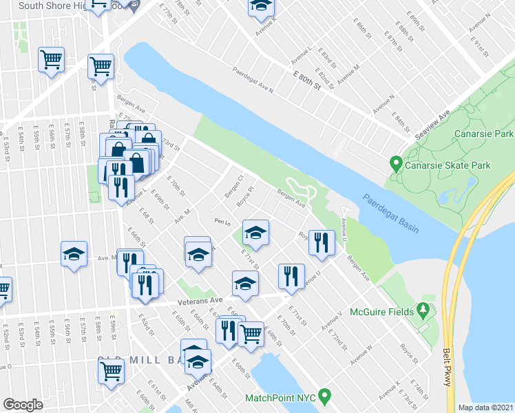 map of restaurants, bars, coffee shops, grocery stores, and more near 1411 Royce Street in Brooklyn