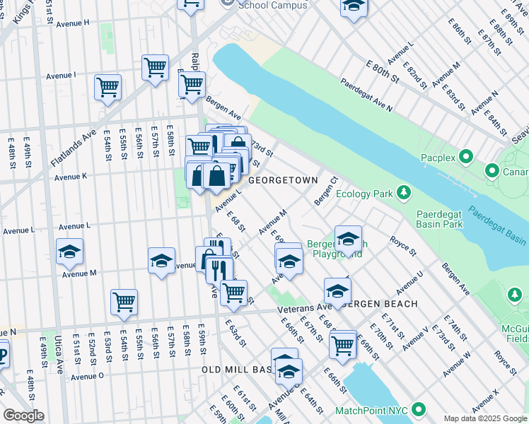 map of restaurants, bars, coffee shops, grocery stores, and more near 1266 East 70th Street in Brooklyn