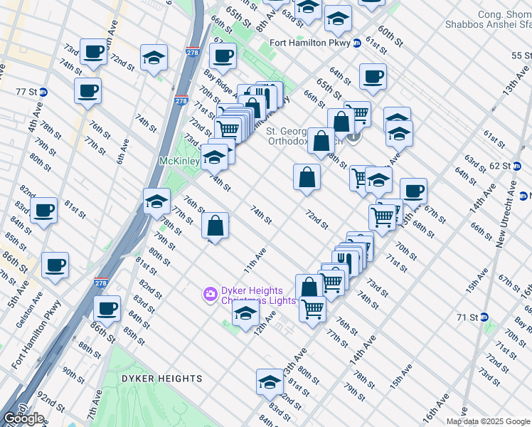 map of restaurants, bars, coffee shops, grocery stores, and more near 1056 73rd Street in Brooklyn