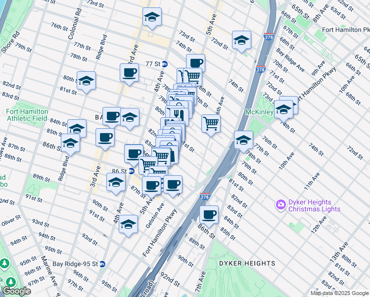map of restaurants, bars, coffee shops, grocery stores, and more near 533 81st Street in Brooklyn