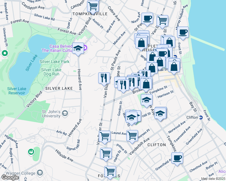 map of restaurants, bars, coffee shops, grocery stores, and more near 101 Targee Street in Staten Island