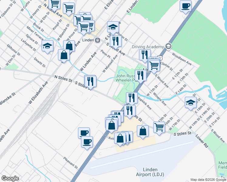 map of restaurants, bars, coffee shops, grocery stores, and more near 316 Kennedy Drive in Linden