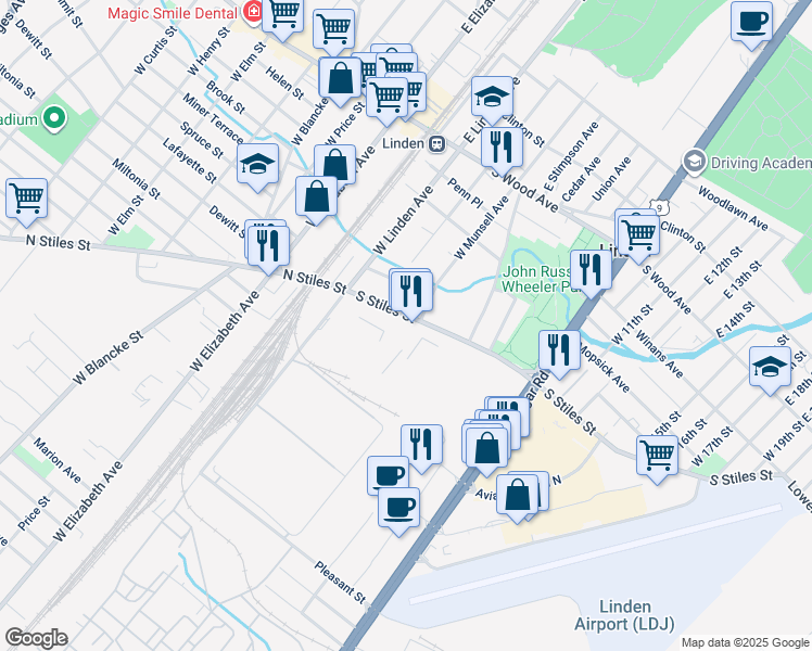 map of restaurants, bars, coffee shops, grocery stores, and more near 227 South Stiles Street in Linden