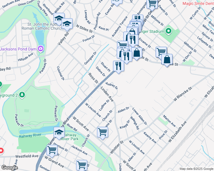 map of restaurants, bars, coffee shops, grocery stores, and more near 2423 Saint Georges Avenue in Rahway