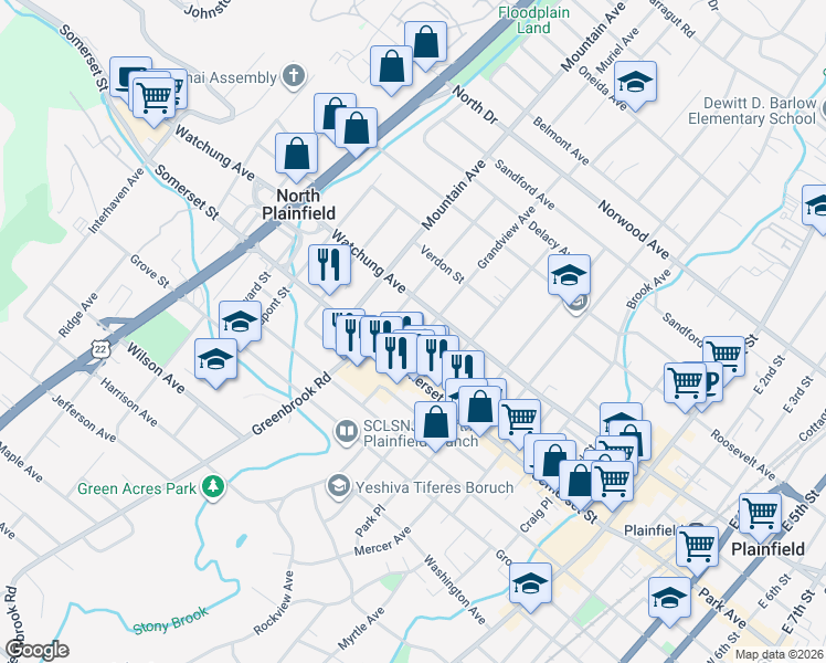 map of restaurants, bars, coffee shops, grocery stores, and more near 27 Grandview Avenue in North Plainfield
