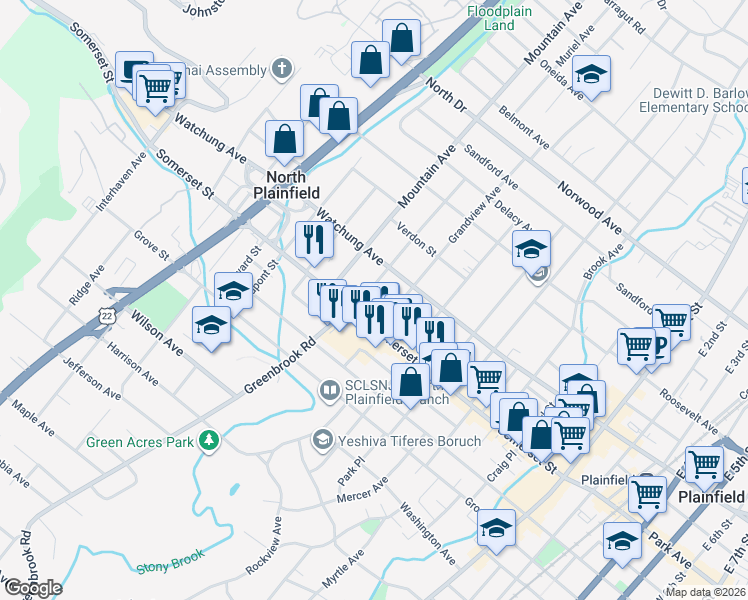 map of restaurants, bars, coffee shops, grocery stores, and more near 27 Grandview Avenue in North Plainfield