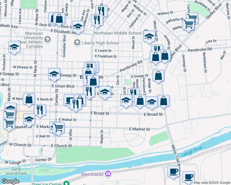 map of restaurants, bars, coffee shops, grocery stores, and more near 433 Flint Street in Bethlehem