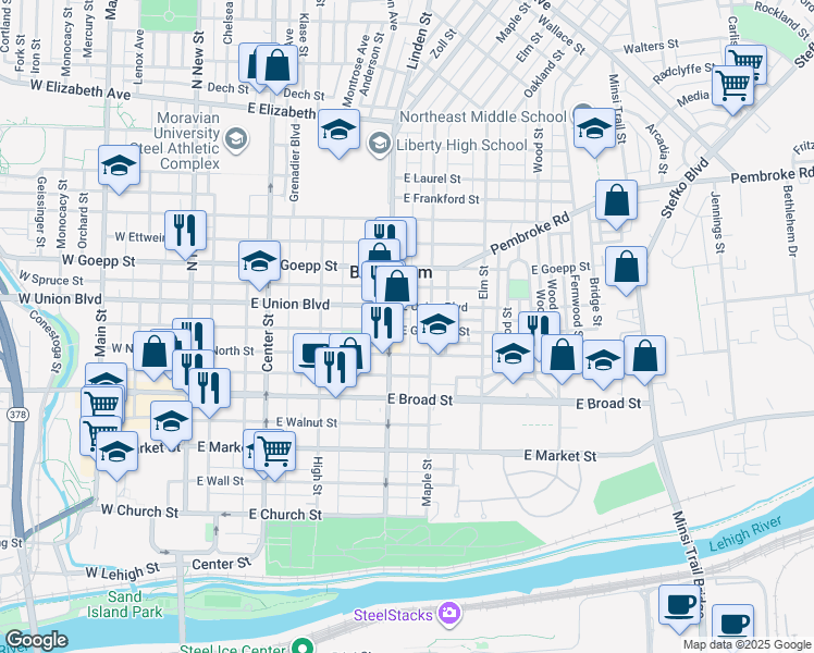map of restaurants, bars, coffee shops, grocery stores, and more near 739 Linden Street in Bethlehem