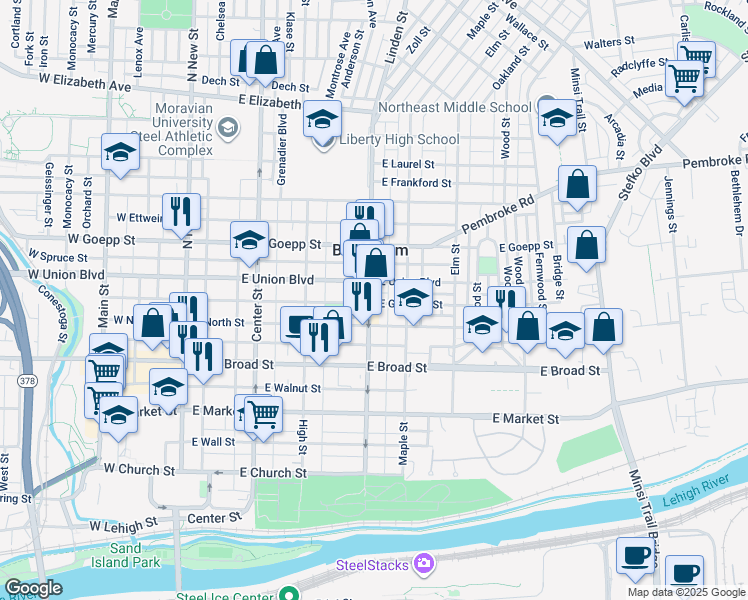map of restaurants, bars, coffee shops, grocery stores, and more near 739 Linden Street in Bethlehem