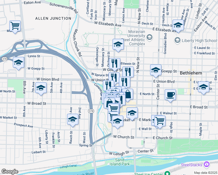 map of restaurants, bars, coffee shops, grocery stores, and more near 720 Old York Road in Bethlehem