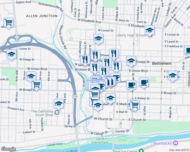 map of restaurants, bars, coffee shops, grocery stores, and more near 718 Main Street in Bethlehem