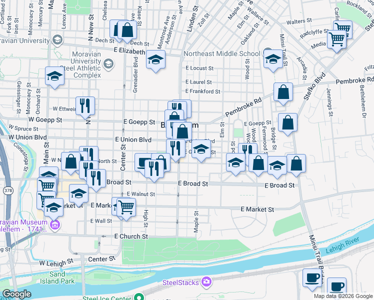 map of restaurants, bars, coffee shops, grocery stores, and more near 739 Linden Street in Bethlehem