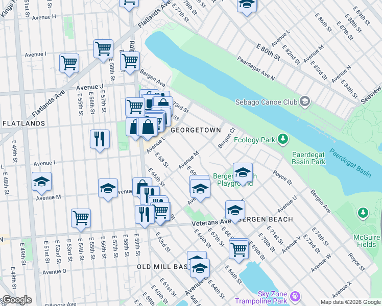 map of restaurants, bars, coffee shops, grocery stores, and more near 1266 East 70th Street in Brooklyn