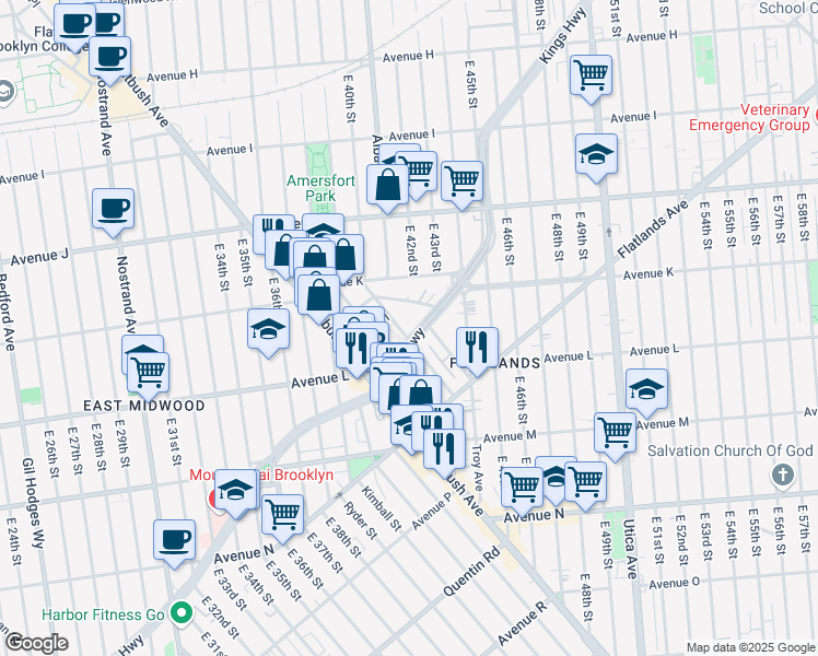 map of restaurants, bars, coffee shops, grocery stores, and more near 4011 Kings Highway in Brooklyn
