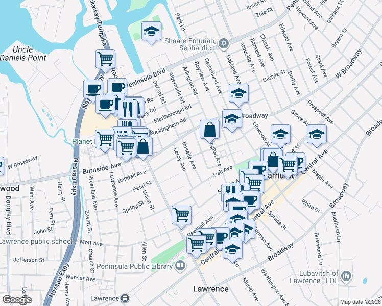 map of restaurants, bars, coffee shops, grocery stores, and more near 400 5th Avenue in Cedarhurst