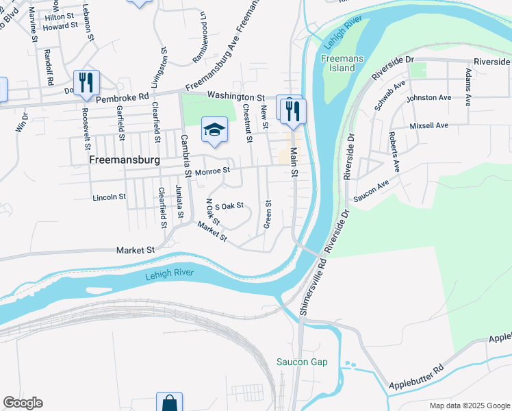 map of restaurants, bars, coffee shops, grocery stores, and more near 377 South Oak Street in Freemansburg