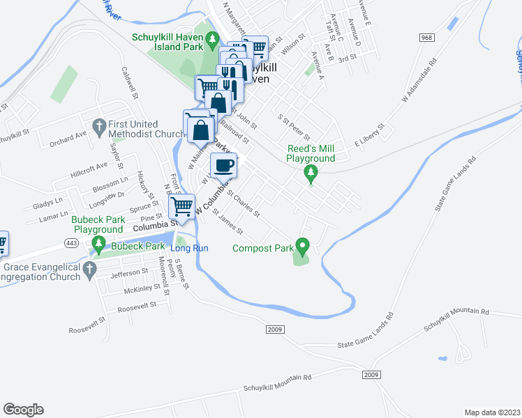 map of restaurants, bars, coffee shops, grocery stores, and more near 142 W Penn St in Schuylkill Haven