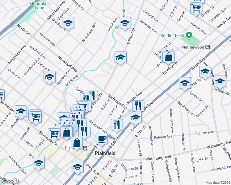 map of restaurants, bars, coffee shops, grocery stores, and more near 518 East 2nd Street in Plainfield