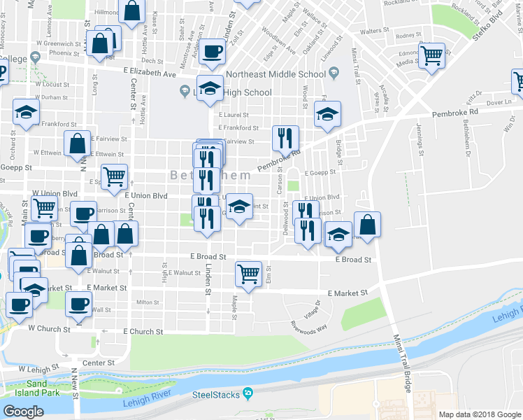 map of restaurants, bars, coffee shops, grocery stores, and more near 443 East Garrison Street in Bethlehem