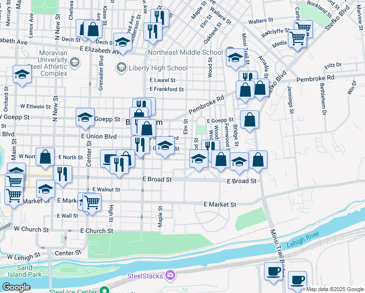 map of restaurants, bars, coffee shops, grocery stores, and more near 433 Flint Street in Bethlehem
