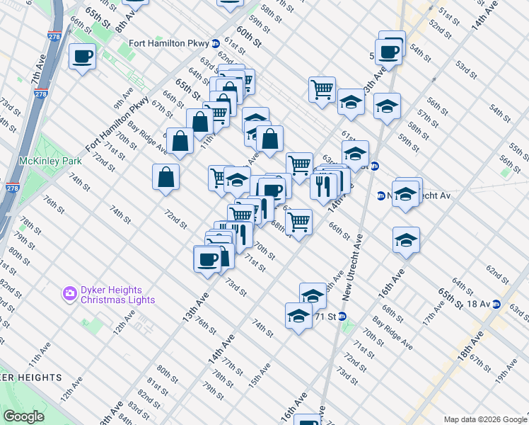 map of restaurants, bars, coffee shops, grocery stores, and more near 6732 13th Avenue in Brooklyn