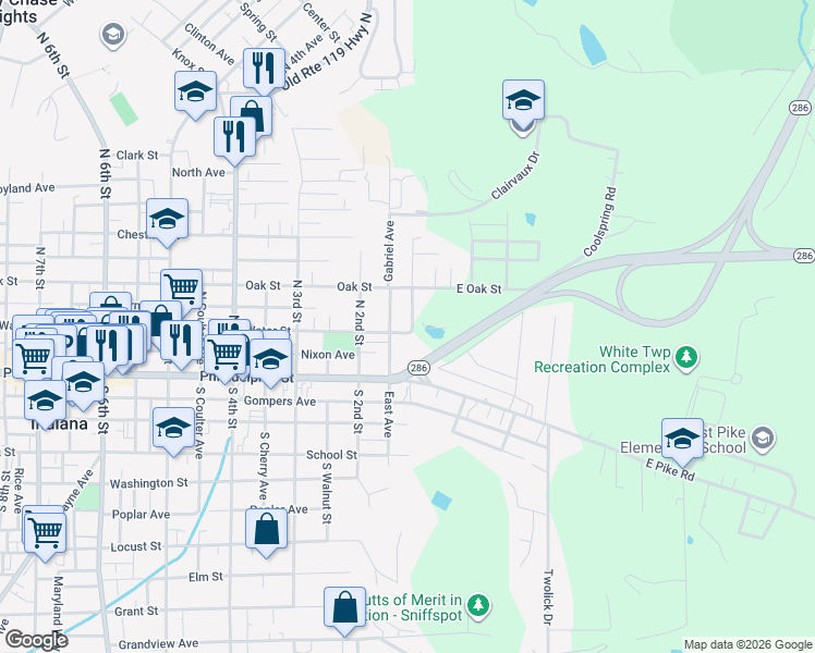 map of restaurants, bars, coffee shops, grocery stores, and more near 101 Water Street in Indiana