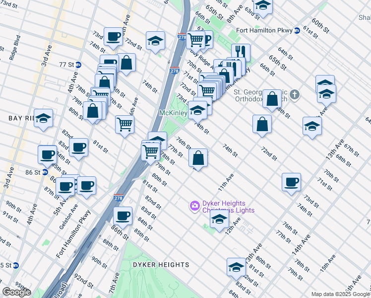 map of restaurants, bars, coffee shops, grocery stores, and more near 948 76th Street in Brooklyn