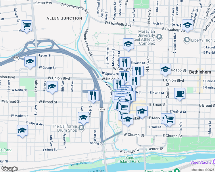 map of restaurants, bars, coffee shops, grocery stores, and more near 719 Conestoga Street in Bethlehem