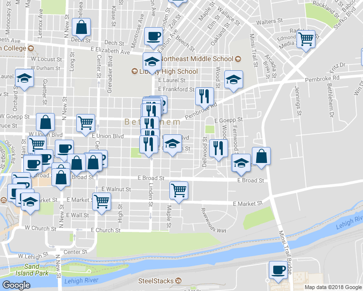 map of restaurants, bars, coffee shops, grocery stores, and more near 423 East Garrison Street in Bethlehem