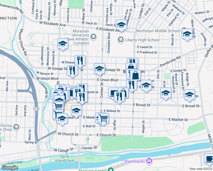 map of restaurants, bars, coffee shops, grocery stores, and more near 117 East Garrison Street in Bethlehem
