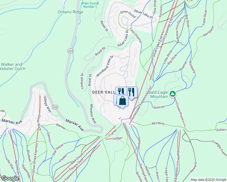 map of restaurants, bars, coffee shops, grocery stores, and more near 7846 Aster Ln in Park City