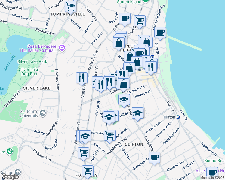 map of restaurants, bars, coffee shops, grocery stores, and more near 171 Broad Street in Staten Island