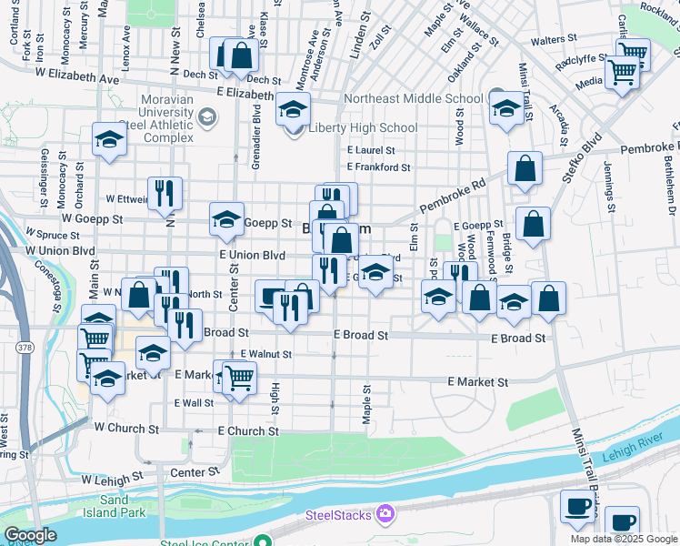 map of restaurants, bars, coffee shops, grocery stores, and more near 739 Linden Street in Bethlehem