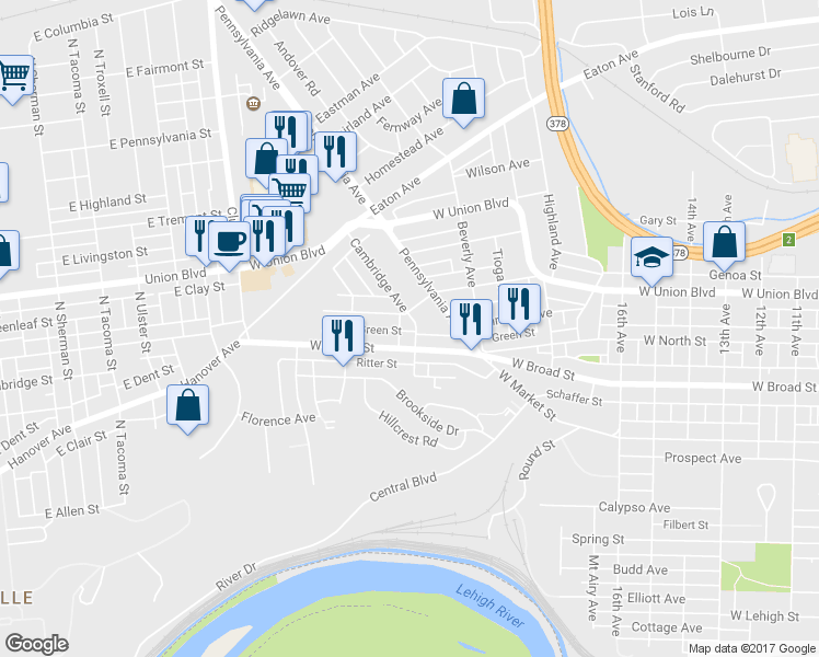 map of restaurants, bars, coffee shops, grocery stores, and more near 703 Cambridge Avenue in Bethlehem