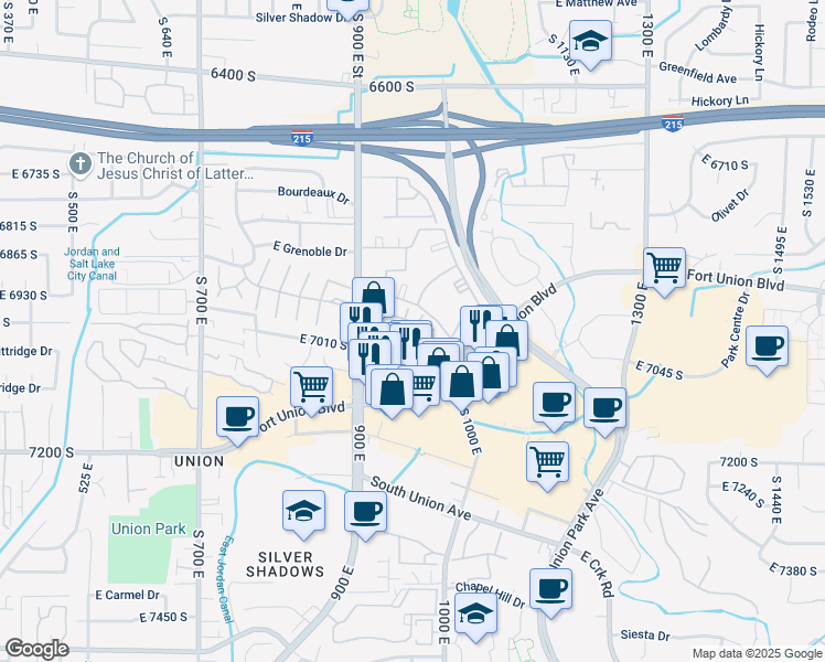 map of restaurants, bars, coffee shops, grocery stores, and more near 910 Essex Court Way in Midvale
