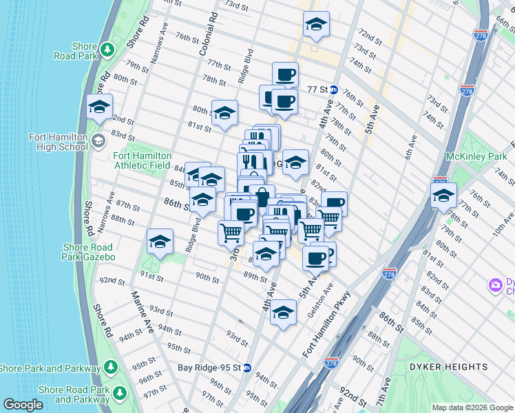 map of restaurants, bars, coffee shops, grocery stores, and more near 330 84th Street in Brooklyn