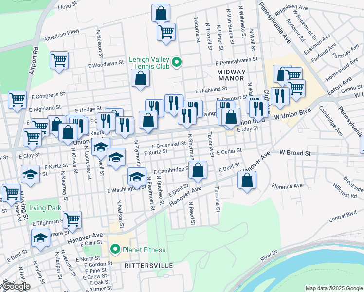 map of restaurants, bars, coffee shops, grocery stores, and more near 1809 East Greenleaf Street in Allentown