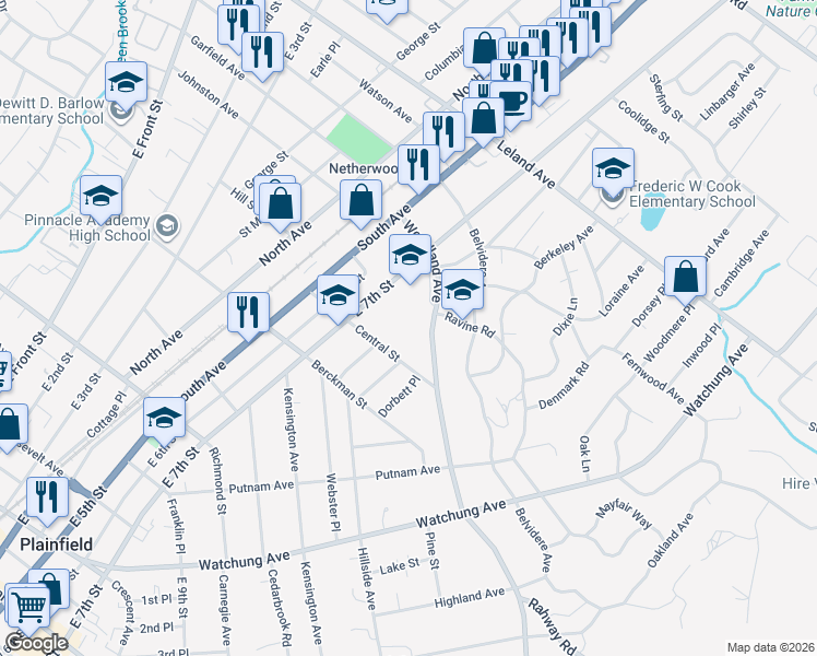map of restaurants, bars, coffee shops, grocery stores, and more near 730 Central Street in Plainfield