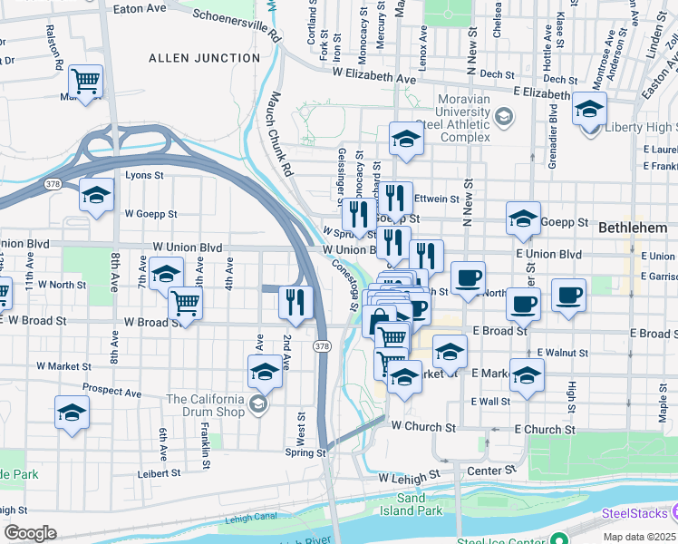 map of restaurants, bars, coffee shops, grocery stores, and more near 719 Conestoga Street in Bethlehem