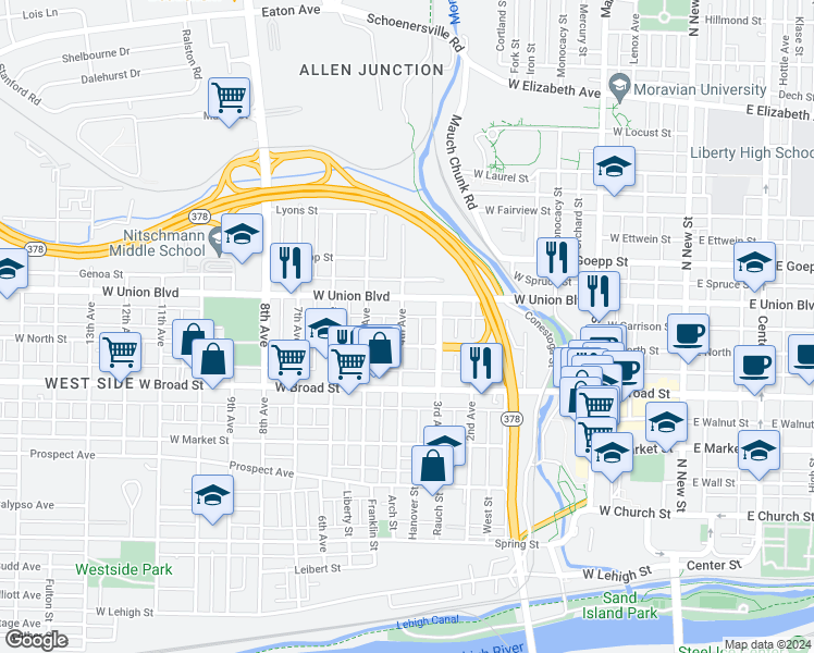 map of restaurants, bars, coffee shops, grocery stores, and more near 720 4th Avenue in Bethlehem
